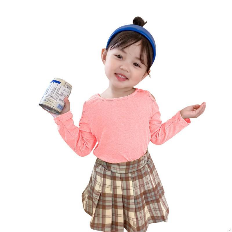 Áo Cotton Trễ Vai Dài Tay Màu Trơn Cho Bé Gái