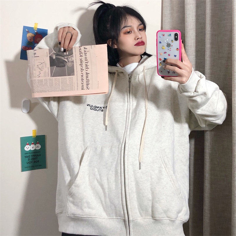 【ZHELIHANGFEI】Áo Khoác Hoodie Tay Dài Có Khóa Kéo Form Rộng Theo Phong Cách Preppy