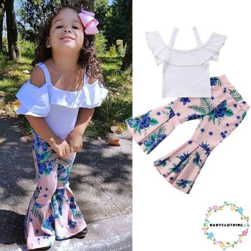 Set áo hở vai kèm quần dài hoạ tiết hoa đáng yêu cho bé