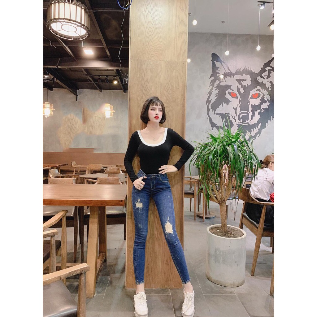 Áo thun lụa cổ viền phối màu tay dài xinh GB0111