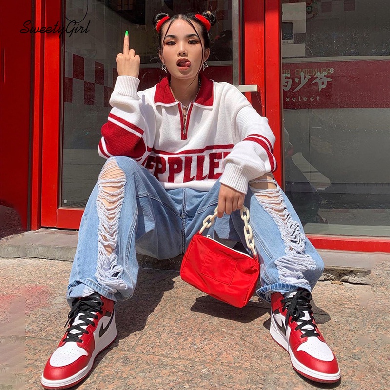 Áo Sweater Thể Thao Cổ Bẻ Tay Dài Dáng Rộng 2022 Màu Sắc Tương Phản Dành Cho Nữ