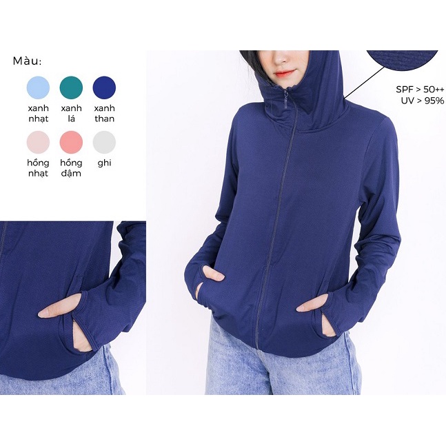 Áo đi nắng CHIPXINHXK có mũ trùm đầu, chất thông hơi màu Xanh Than cho nữ