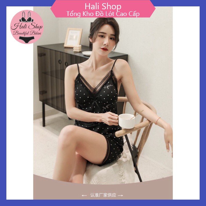 Bộ Đồ Ngủ ❤️FREESHIP❤️ Bộ Đồ Ngủ Áo Hai Dây Ren  Vải Lụa Satin Phối Chấm Bi Gợi Cảm Cho Nữ