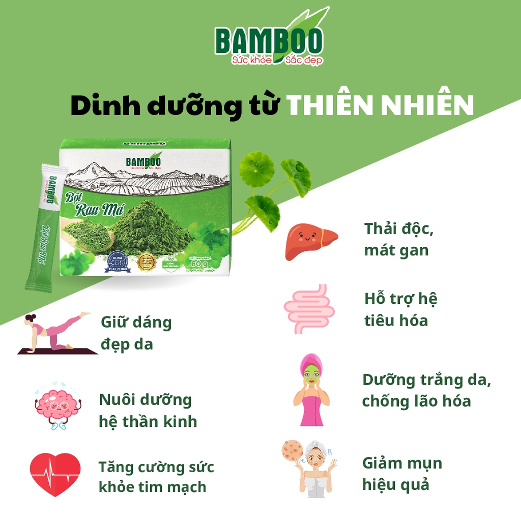 Bột rau má BAMBOO nguyên chất, siêu mịn hỗ trợ giảm cân, làm đẹp da hộp 60g/ 20 gói