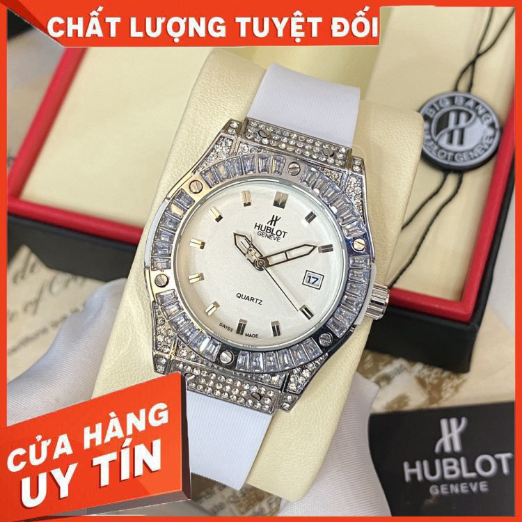 (Hublot hương vani)  Đồng hồ nữ Hublot máy pin size 36 đính viền đá dây silicon- Bảo hành 12 tháng