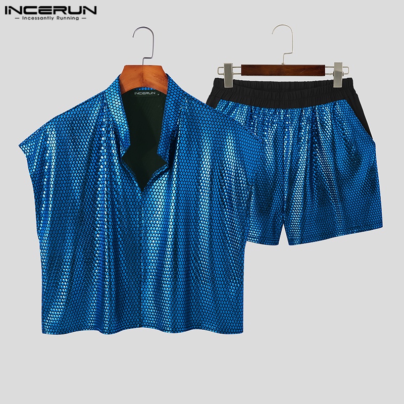 INCERUN Bộ Đồ Đi Biển 2 Mảnh Gồm Áo Ba Lỗ Đính Kim Sa + Quần Short Phong Cách Punk Gothic Thời Trang Cho Nam