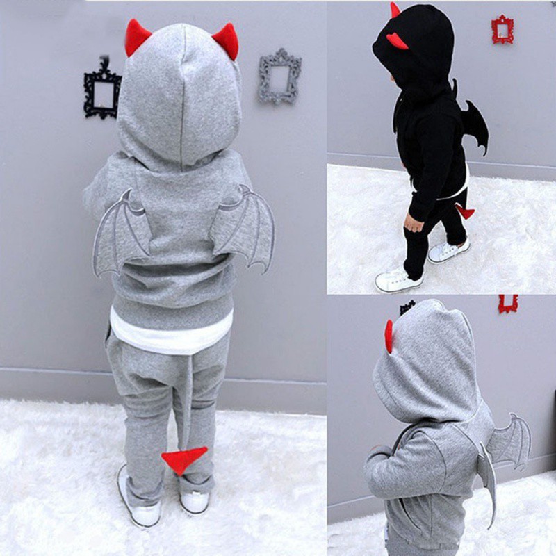 Set áo hoodie tay dài + quần dài phong cách ác quỷ đáng yêu cho bé