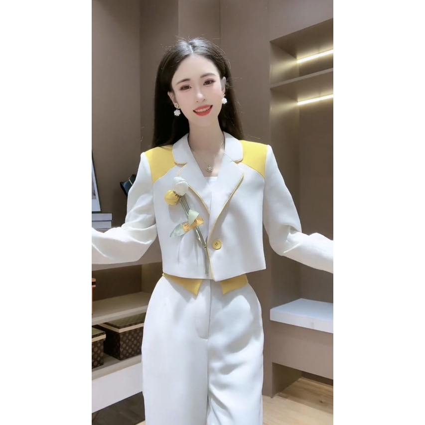 Bộ Áo Khoác + Quần Short Lưng Cao Ống Rộng Màu Sắc Tương Phản Thời Trang Xuân Thu 2022 Cho Nữ