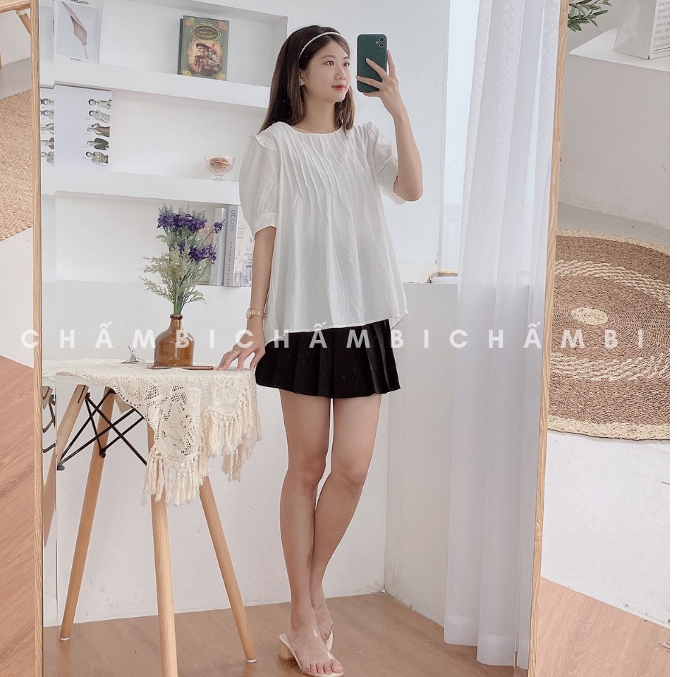 [SALE] Áo Sơ Mi Trắng Cổ Tròn Dáng Babydoll Cộc Tay Hàng Cúc Đen Sau Cực Xinh - A.192