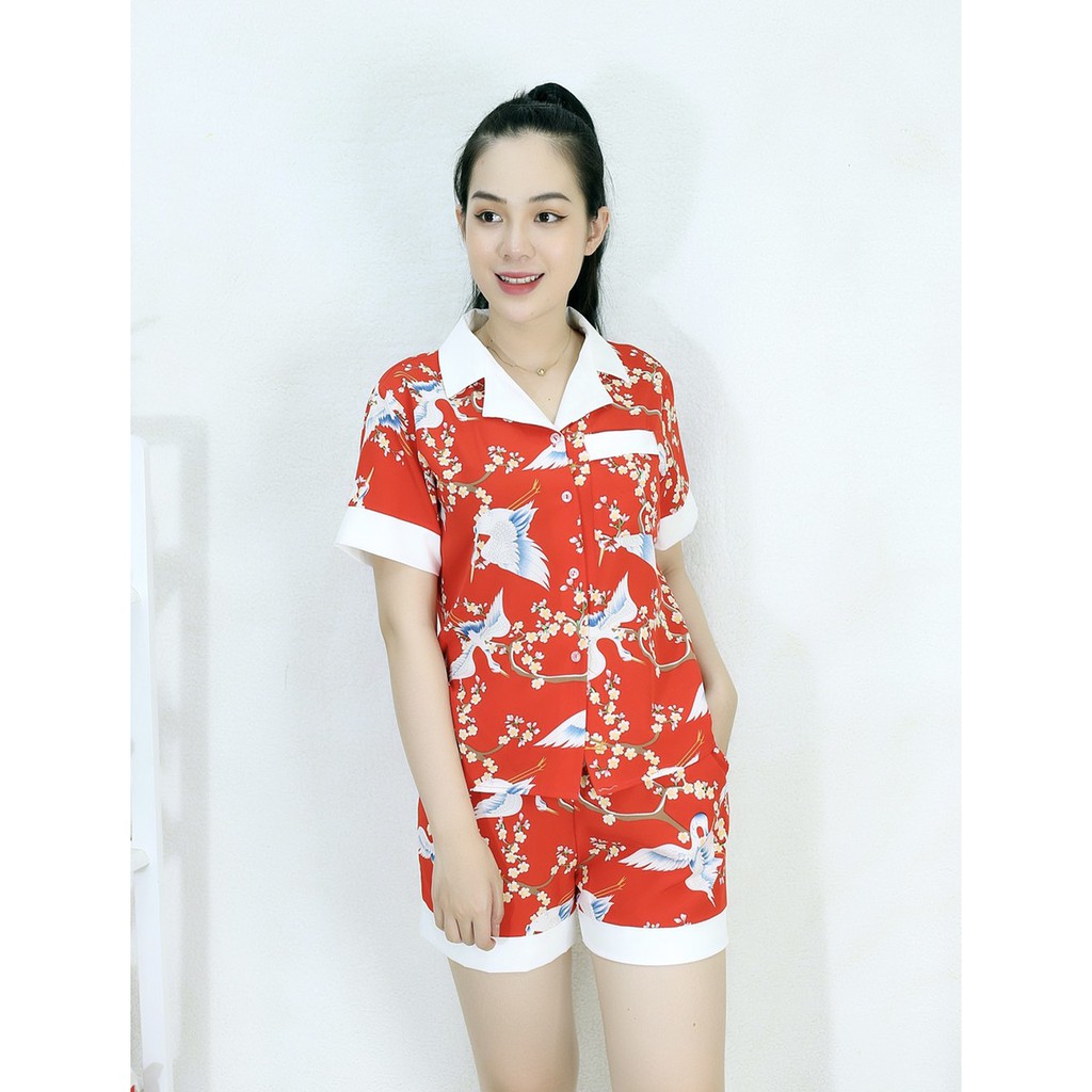 [HÌNH THẬT] Bộ đồ Pijama ngắn mặc nhà CON CÒ ĐỎ PHA CỔ TRẮNG - Vải Siêu Lụa Cao Cấp - Mềm Mại Êm Ái