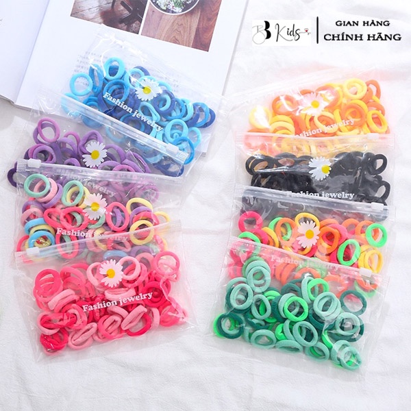 Sét 50 Buộc Tóc Co Giãn Hoa Cúc BB Kids Túi Zip Phong Cách Hàn Quốc