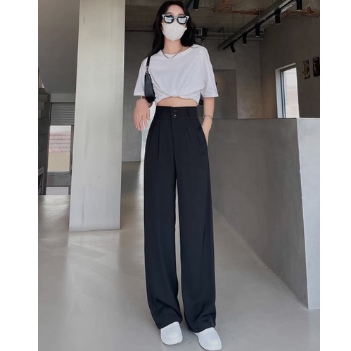 Quần tây đen ống rộng suông dài đi học Hàn Quốc phong cách Ulzzang Quần culottes ống rộng nữ chất vải mềm cạp cao 2 khuy