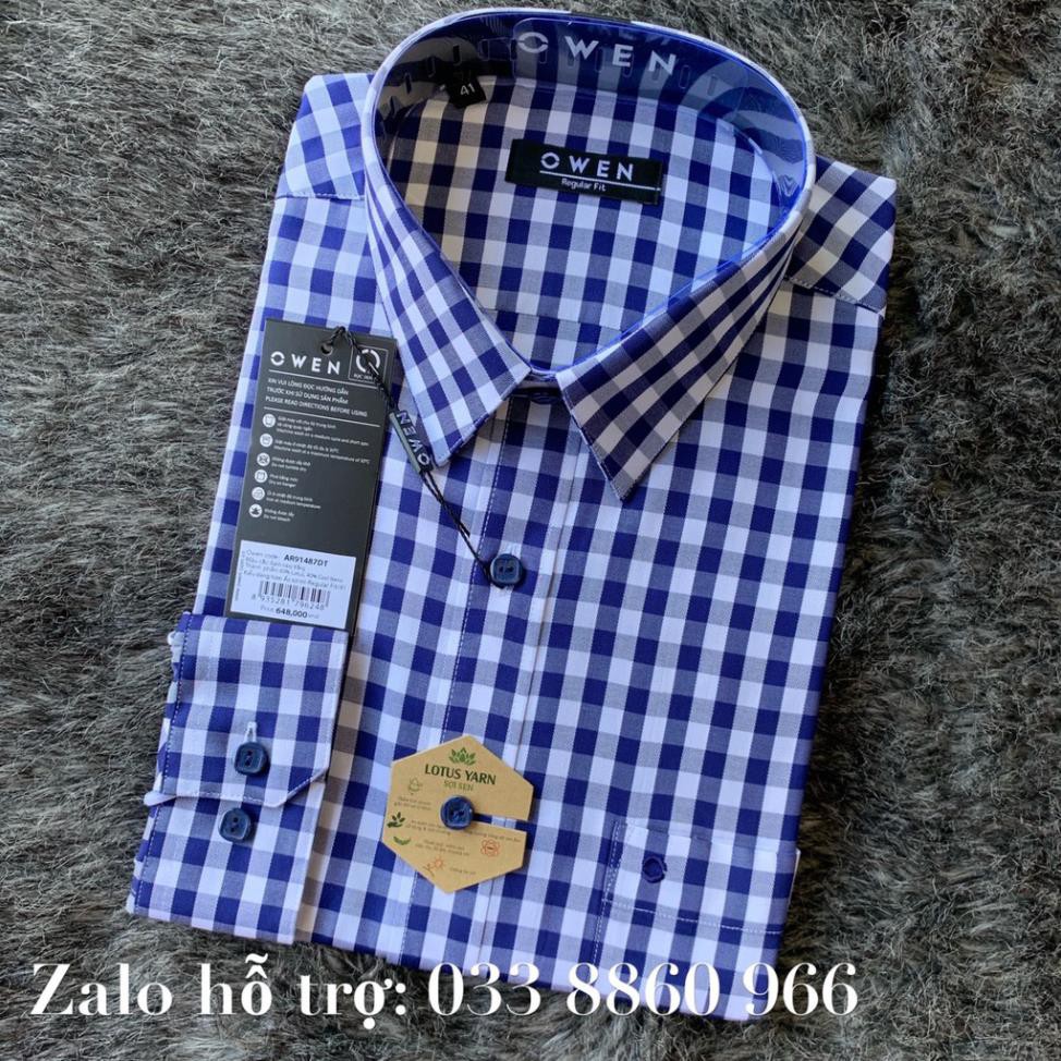 Sale Chính Hãng OWEN - Áo sơ mi dài tay Owen REGULAR chất sợi sen kẻ ca rô xanh trắng AR 91487 hot 🌺 neww * ! %