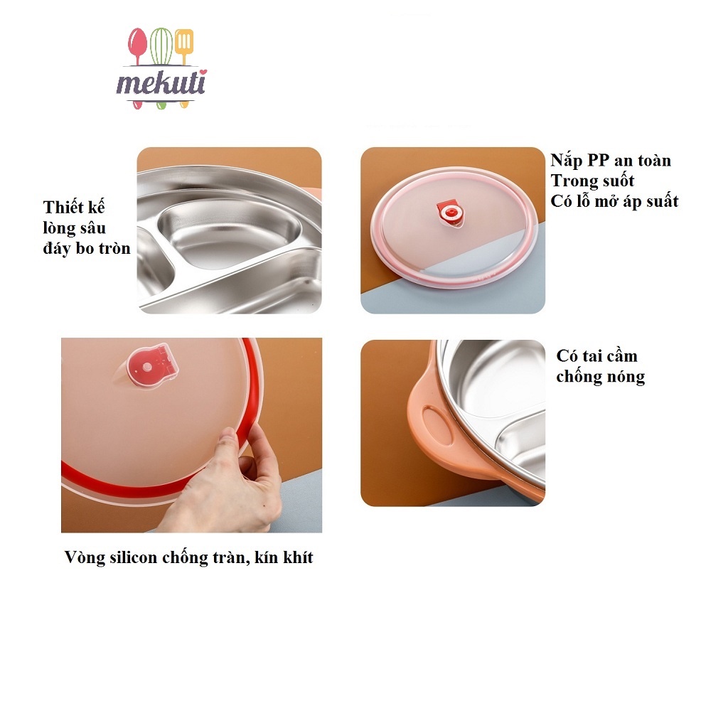 Khay ăn dặm cho bé inox 304 có nắp pp chống tràn tay cầm nhựa chống nóng, khay cơm trẻ em chia ngăn