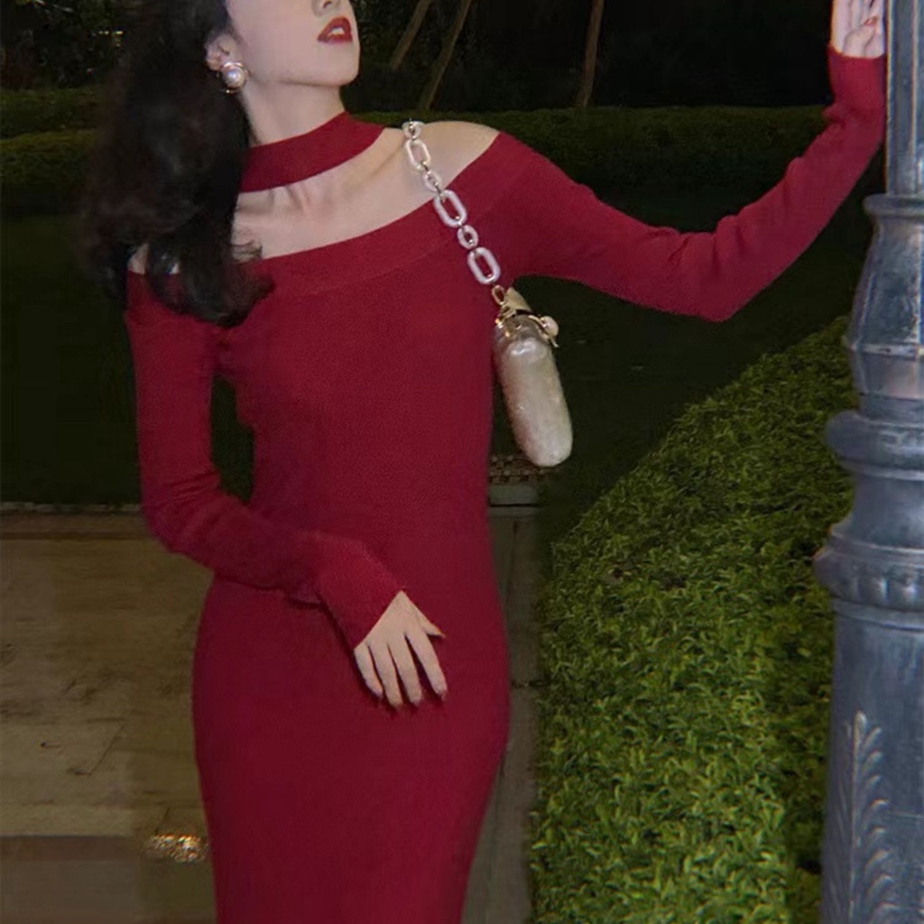 SUXI Đầm midi dệt kim tay dài hở vai màu trơn thời trang mùa thu mới cho nữ