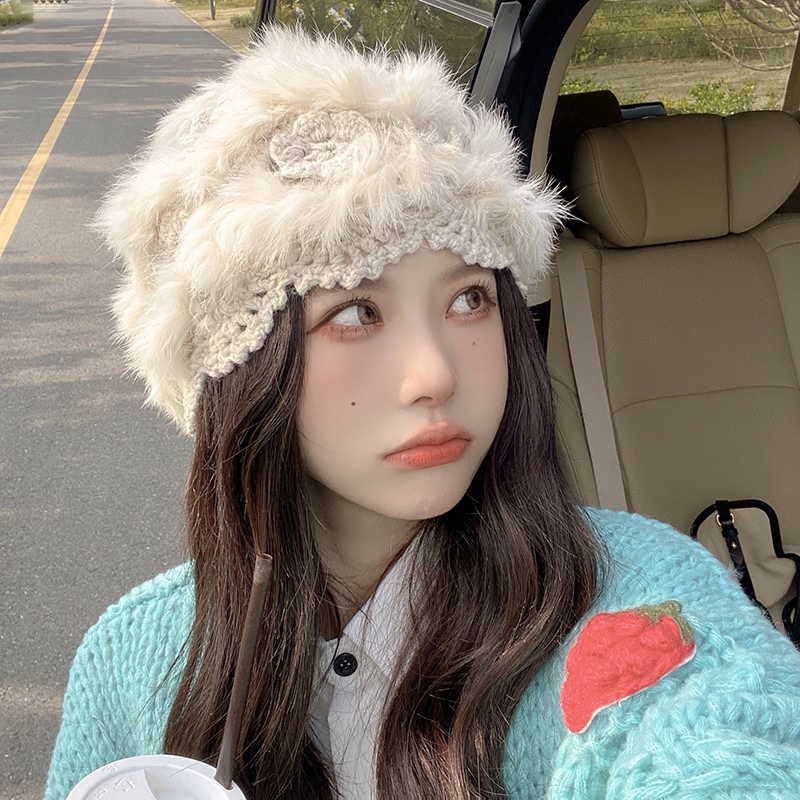Mũ Dệt Kim Phối Lông Thỏ Ấm Áp Thời Trang Mùa Đông Cho Nữ