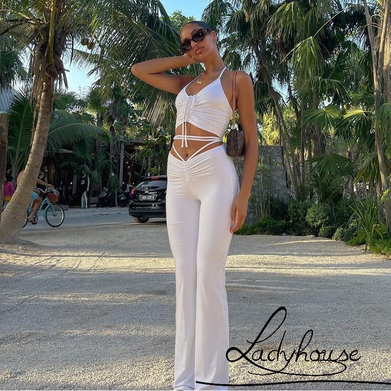 Bộ Trang Phục 2 Mảnh Gồm Áo Hai Dây Màu Trơn Và Quần Dài Lưng Cao Dành Cho Nữ 4 Màu Lựa Chọn