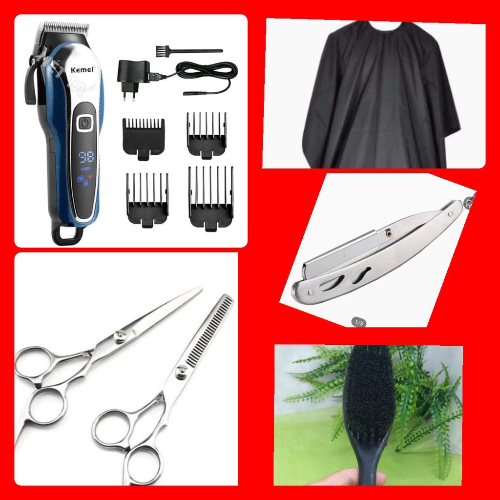 Bộ đồ nghề hớt tóc đầy đủ gồm có: Kemei đẳng cấp 1995+ bộ kéo cắt& tỉa+dao cạo Inox+ áo choàng dài +chổi phủi