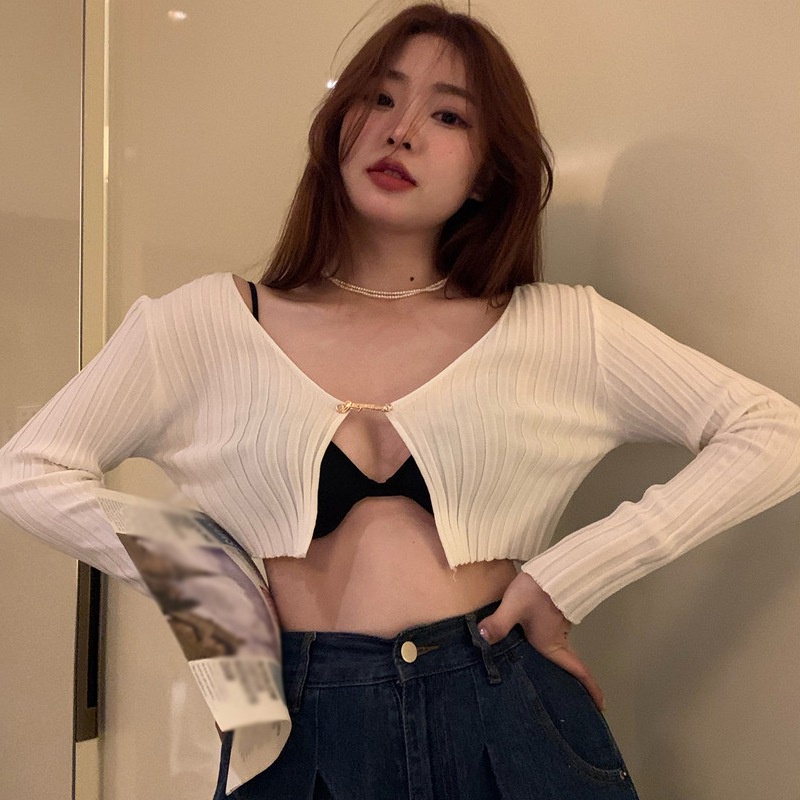 Áo cardigan dệt kim tay dài cổ chữ V khoét sâu màu sắc quyến rũ Ngắn Chống Nắng  phong cách Hàn Quốc cho nữ