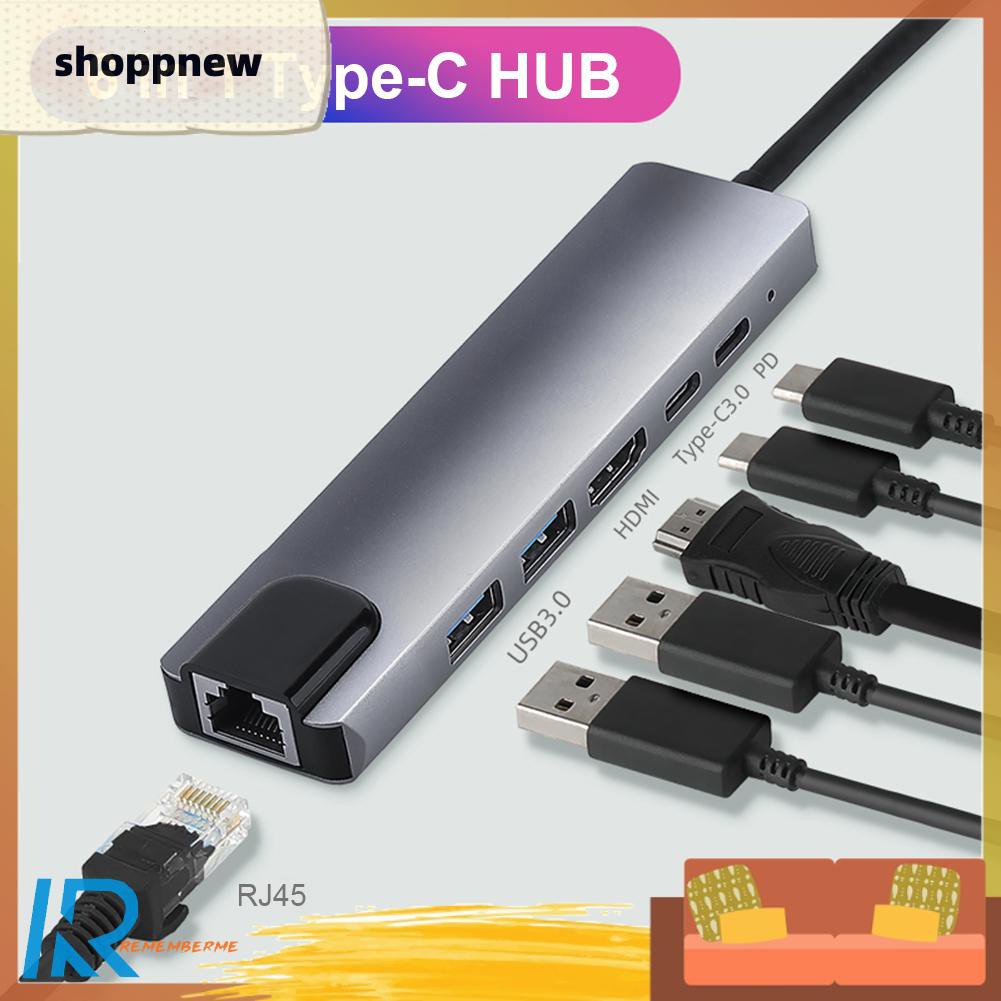 Shoppnew 6 in 1 USB C HUB 2 USB 3.0 4K HDMI-compatible Type-C 100W PD RJ45 Adapter for Laptop 