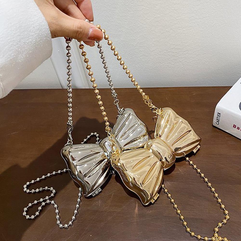 Túi đeo vai mini hình nơ kim loại W2F3 B5E1 màu bạc/vàng I9X6 thời trang cho nữ