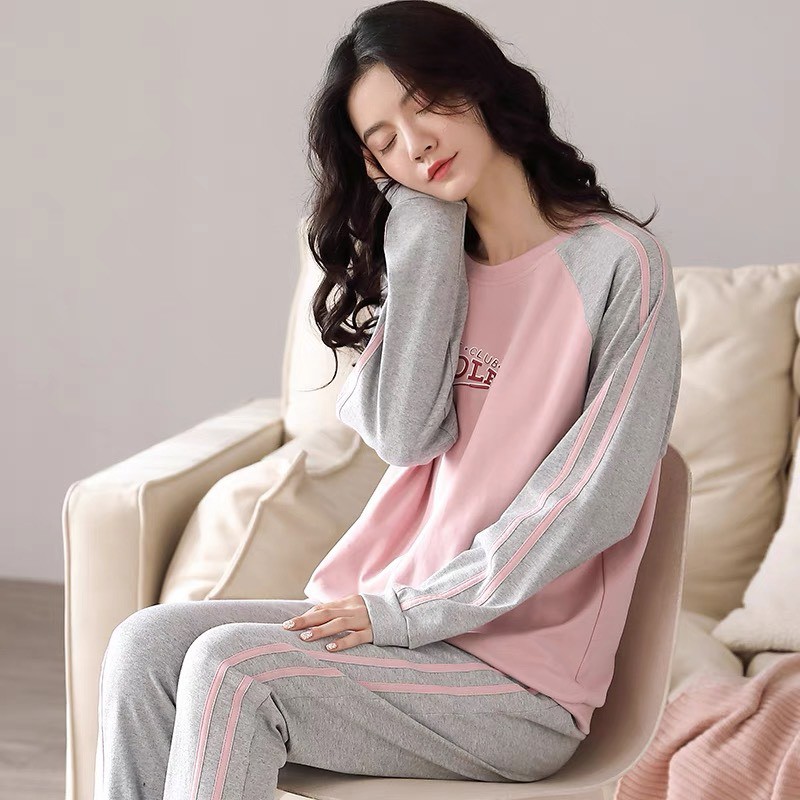 Bộ cotton thu đông mặc nhà bo gấu Quảng Châu cao cấp co giãn 4 chiều raglan hồng phối ghi N2108