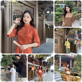 Set pháp phục phật tử Đồ Lam Đi Chùa Gấm lụa cúc tàu dành cho nữ