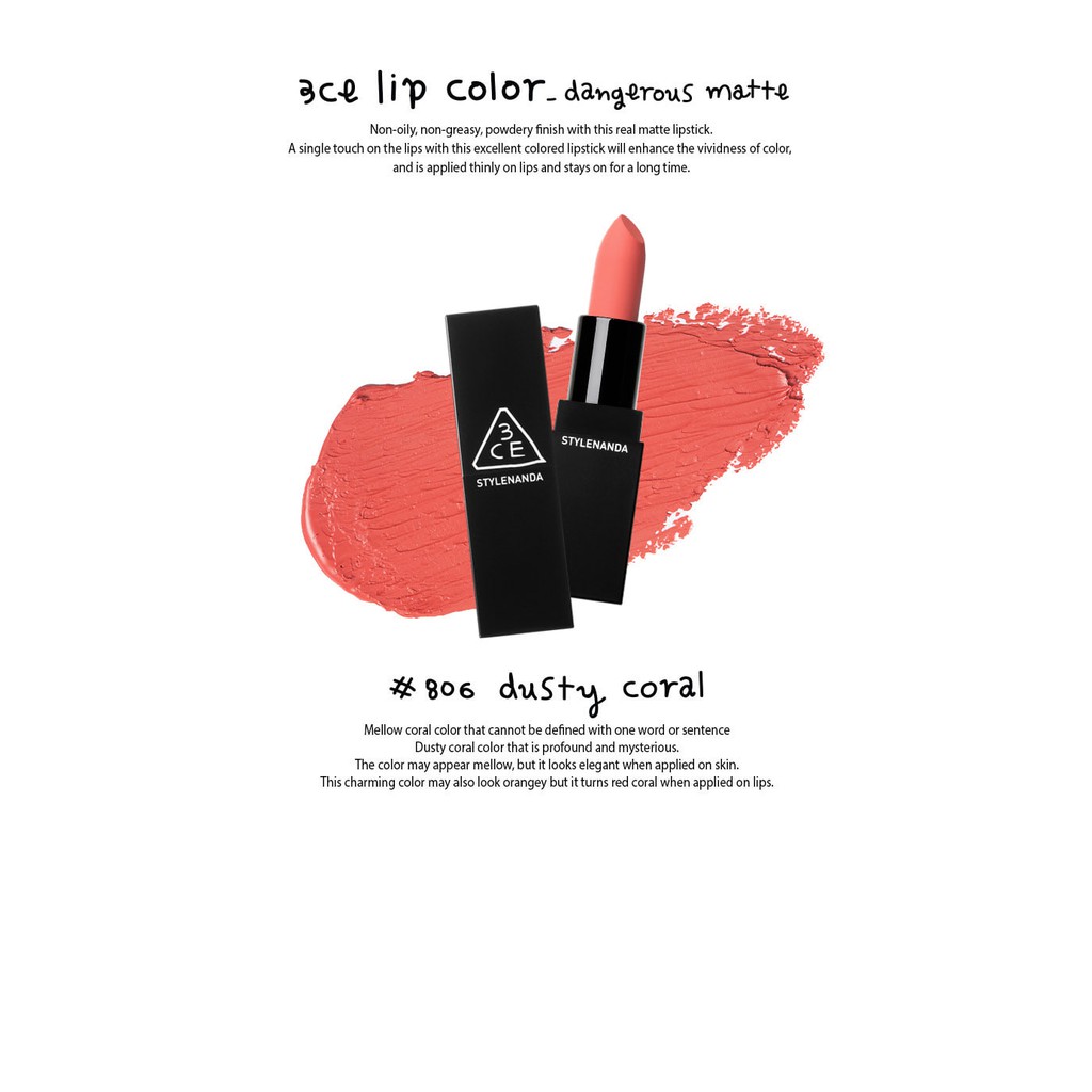 SON THỎI LÌ [DANGEROUS MATTE] 3CE LIP COLOR #806 DUSTY CORAL