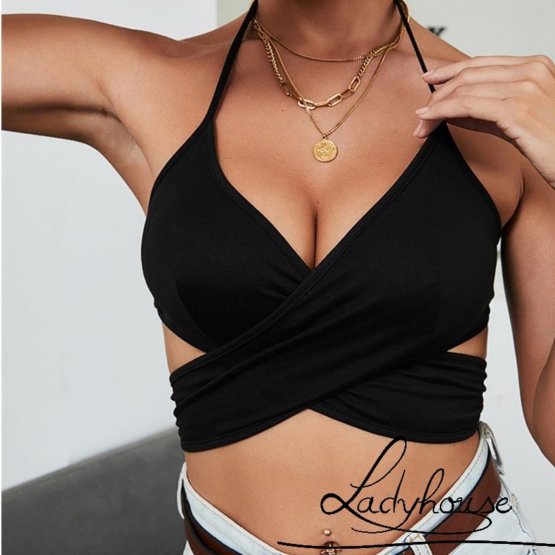 LD-Women´s Halter Crop Tops, Sleeveless Deep V Neck Solid Color Tie Knot Back Wrap Cami Tops