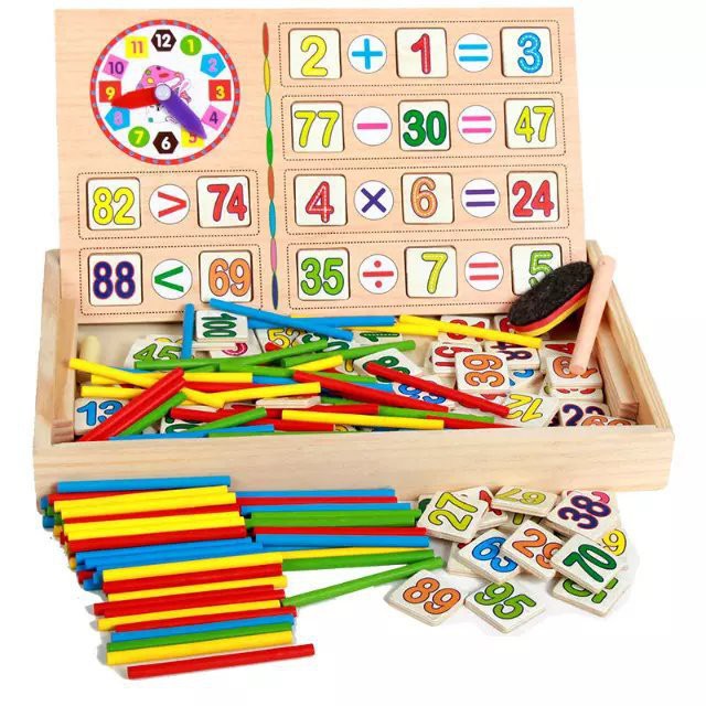 Hộp que tính kèm 100 số gỗ học toán kèm bảng viết cho bé - đồ chơi Montessori