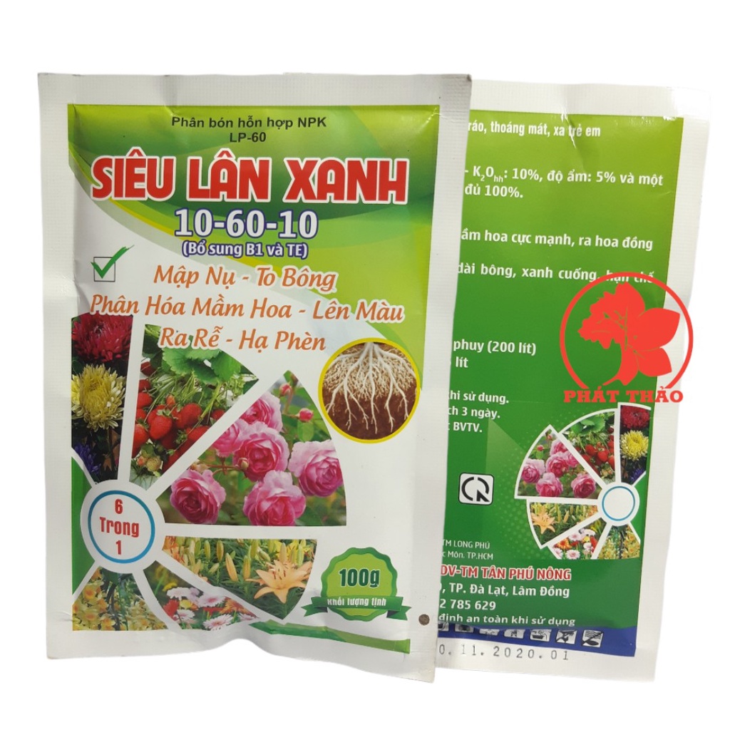 Phân bón Siêu Lân Xanh 10 60 10 - phục hồi cây, kích rễ, xanh lá, chống nghẹn rễ 100gam