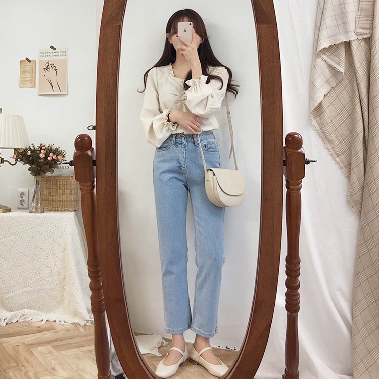 Áo sơ mi nữ trắng be dài tay bồng tiểu thư WANAWEAR cổ V bèo cực xinh chất đẹp dày dặn vintage Hàn Quốc