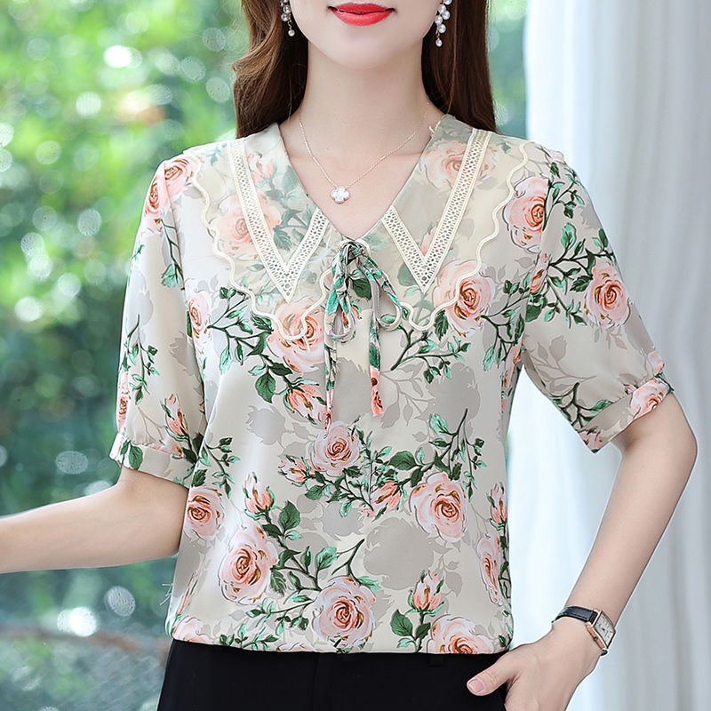 Áo Thun Ngắn Tay In Họa Tiết Hoa Phong Cách Hàn Quốc Thời Trang Mùa Hè Dành Cho Nữ Trung Niên
