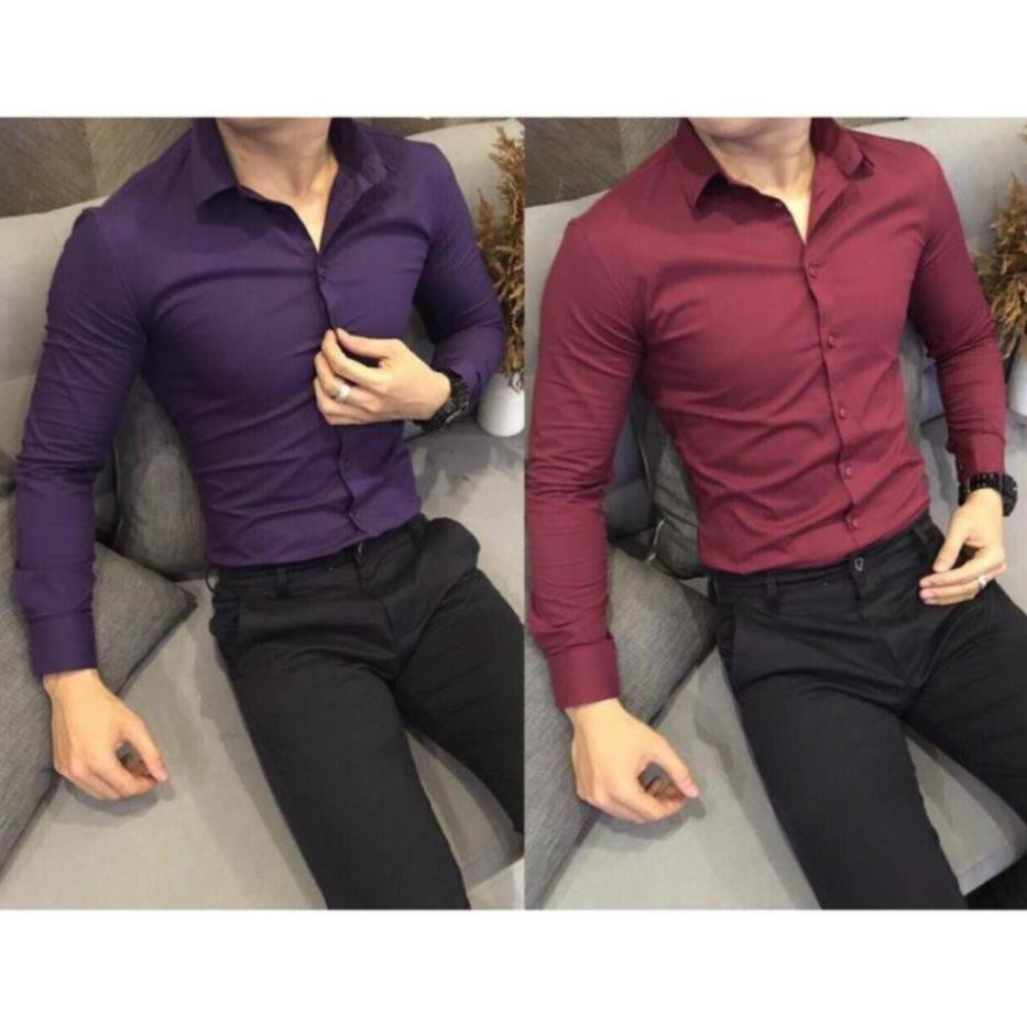 Áo sơ mi màu nam HÀN QUỐC trơn body vải lạnh khô thoáng,không nhăn