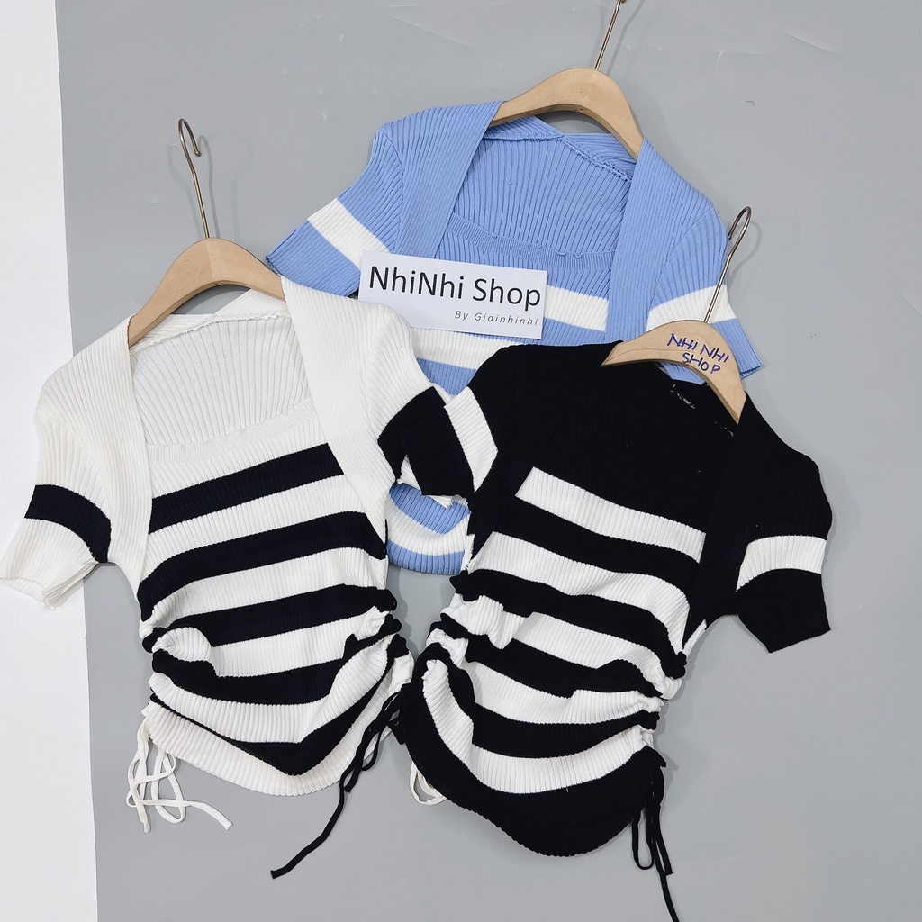 Áo len kẻ ngang cổ vuông rút dây 2 bên, Áo kiểu len tăm dáng ôm AL1352 - NhiNhi Shop