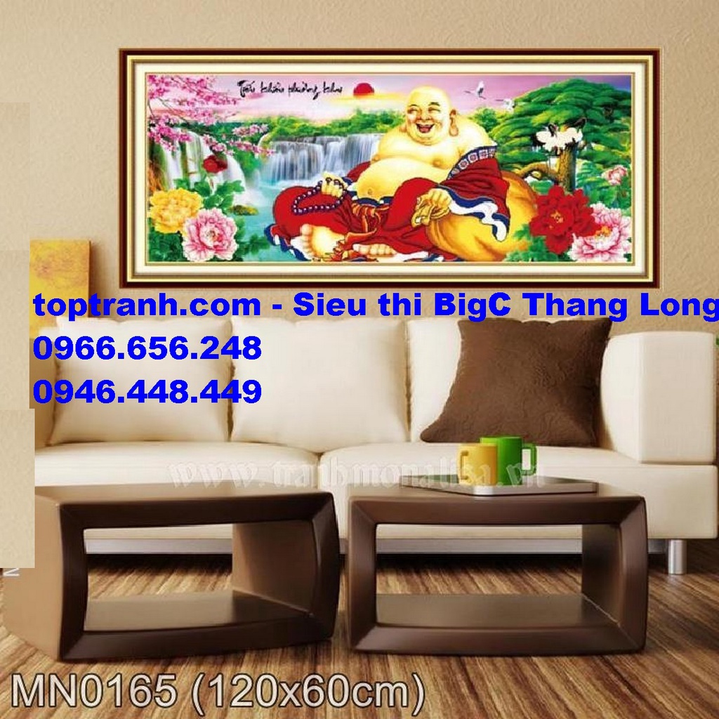 Tranh thêu chữ thập Phật di lặc cây tùng và hoa mẫu đơn MN0165 chưa thêu