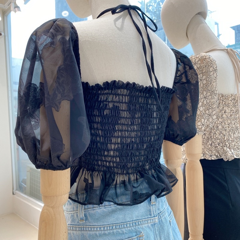 Áo croptop khoen cổ cột dây tay phồng - JJ02