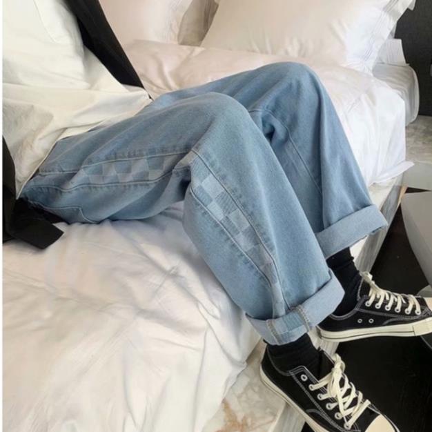 Quần bò ống rộng nam quần jean unisex kẻ sọc caro phong cách nam hàn quốc thời trang năng động trẻ trung