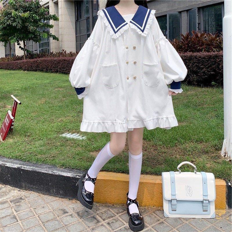 Đầm Tay Dài Cổ Thủy Thủ Dễ Thương Phong Cách Nhật Bản Cho Nữ