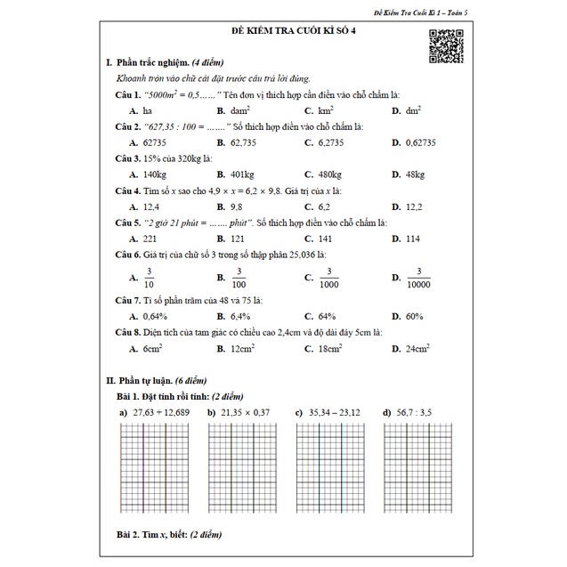 Sách - Đề Kiểm Tra Toán Lớp 5 - Tập 1 (1 cuốn)