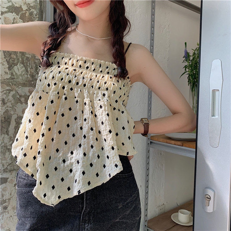 Jiashucheng Áo Ống Ngắn Họa Tiết Chấm Bi Phong Cách Pháp Ngọt Ngào Cho Nữ Sinh