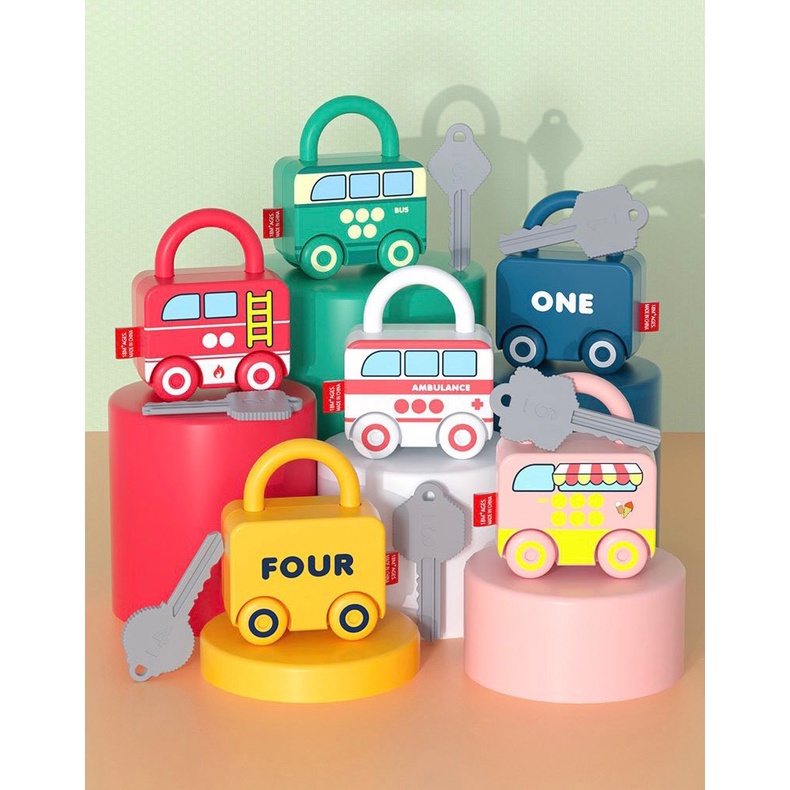 Xe đồ chơi, bộ ổ khoá và chìa khoá ⚡ CỰC HOT ⚡ Đồ chơi Montessori matching đầu đời cho bé, chất liệu cao cấp