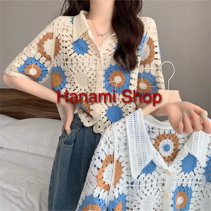 Áo PoLo Croptop, Áo Len Móc Họa Tiết Thổ Cẩm Hàng Quảng Châu Loại 1