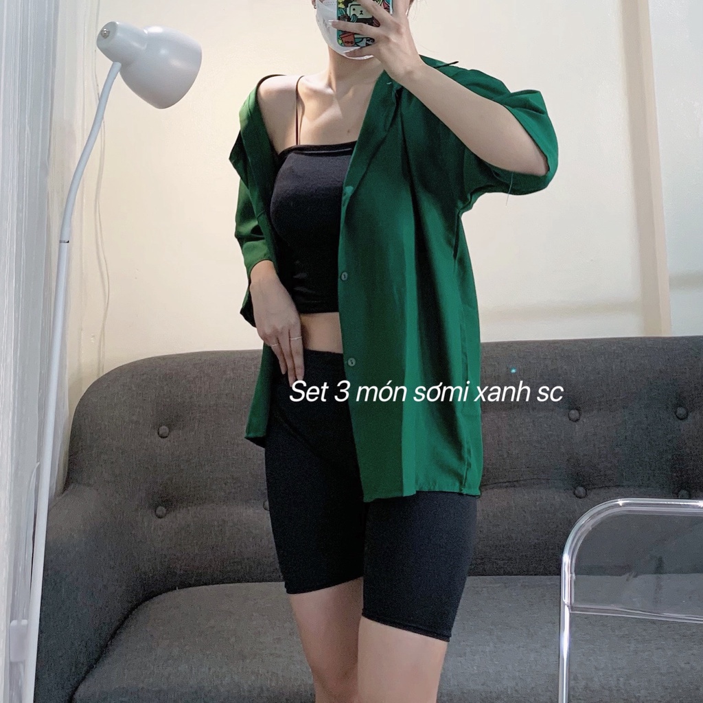 Bộ đồ 3 món áo sơ mi nữ tay lỡ màu xanh, quần legging và áo croptop 2 dây thời trang Sang Choảnh
