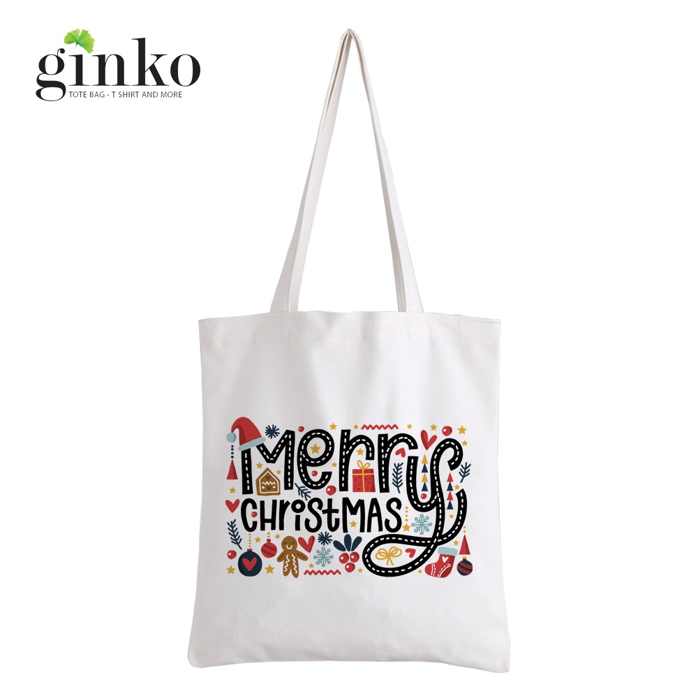 Túi vải tote GINKO Kiểu Basic dây kéo In Hình Merry Chrismas (nhiều mẫu)