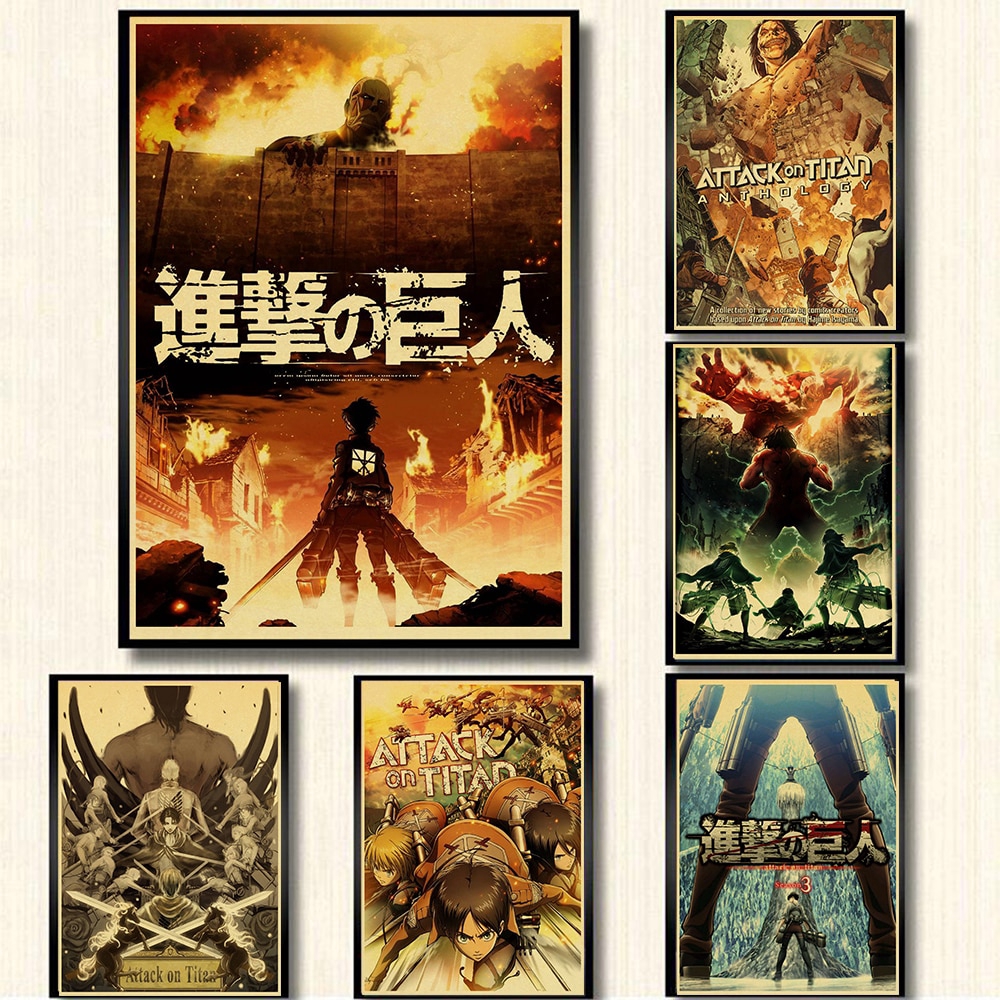 Áp phích treo tường trang trí nhà cửa/quán bar họa tiết anime nhật bản Attack on Titan bằng giấy kraft