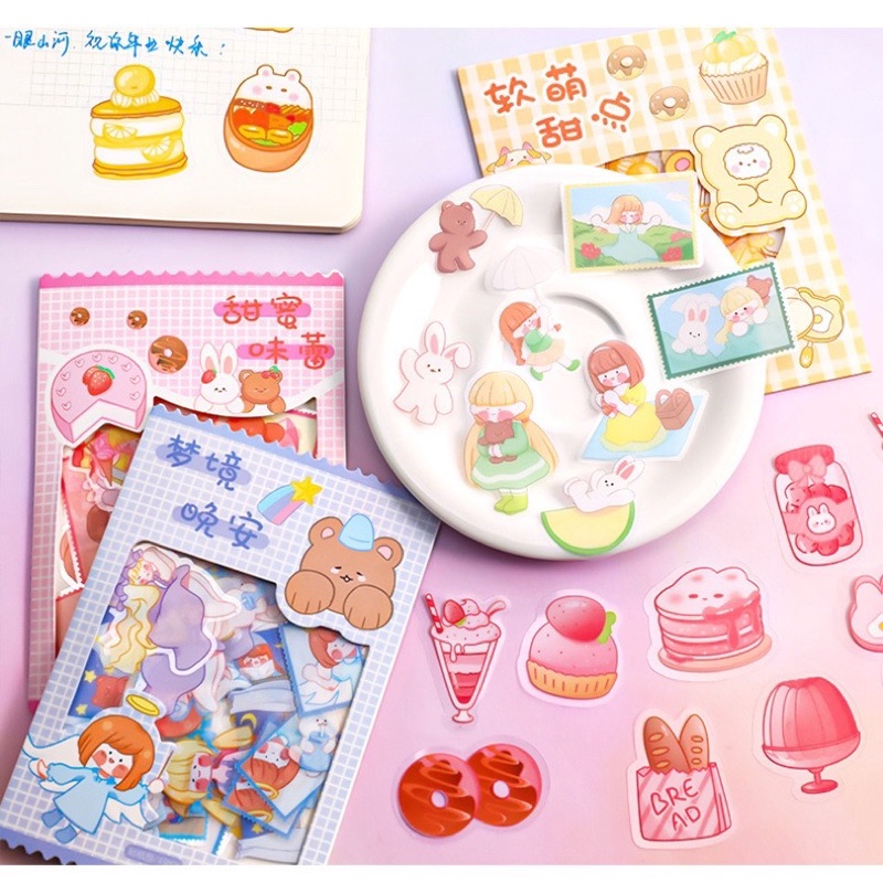 Set 45 miếng dán sticker cute hoạ tiết hoạt hình gấu nâu và thỏ Tiệm Ốc Sột