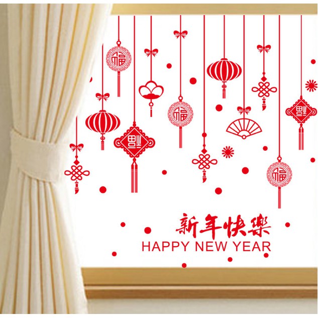 Decal trang trí Tết - Rèm dây trang trí nhiều phụ kiện đỏ