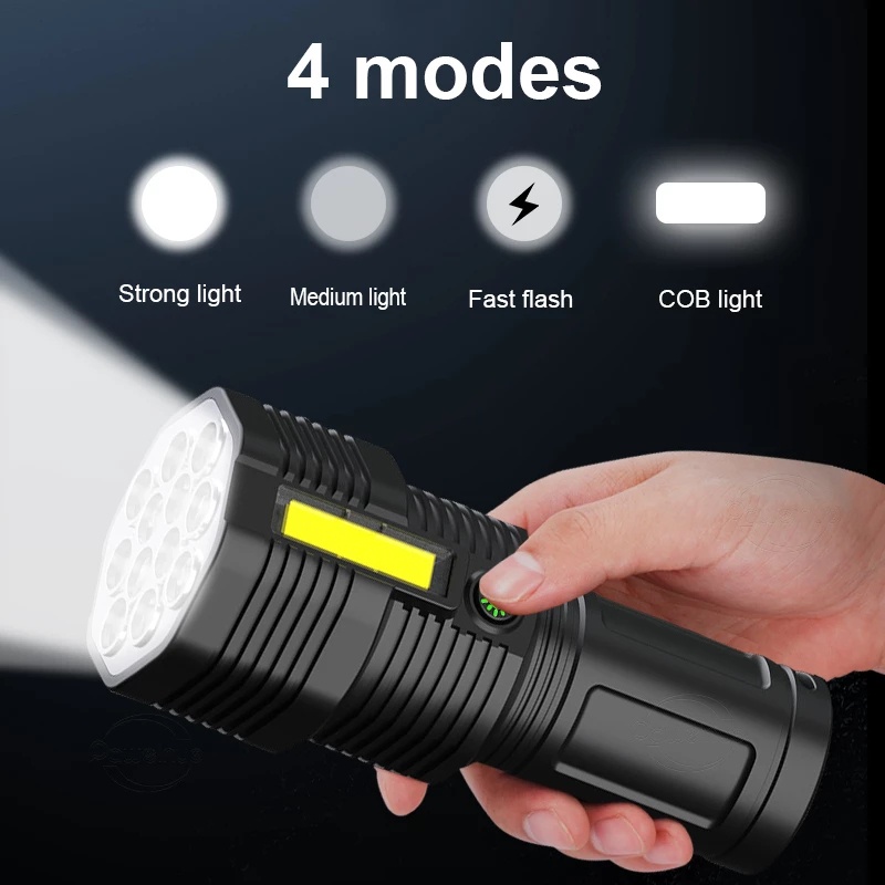 Đèn Pin 12 Bóng Led Sạc USB 4 Chế Độ Sáng Chống Thấm Nước Kèm Phụ Kiện