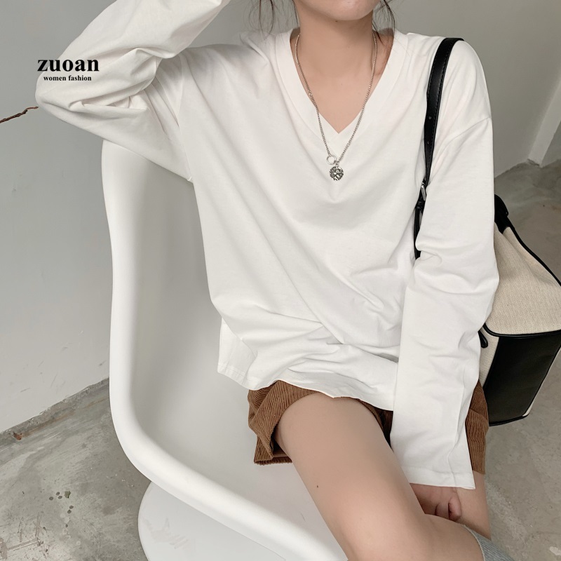 Áo thun SUXI tay dài vải cotton thiết kế lệch tà độc đáo thời trang mùa thu